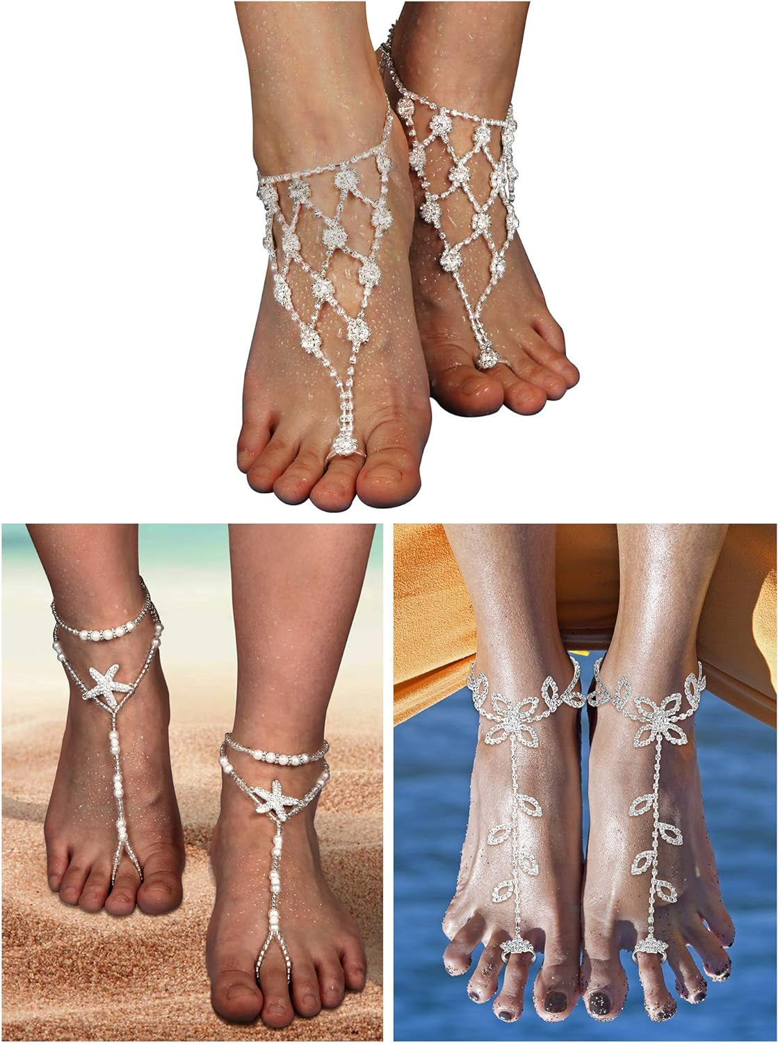 6 Pieces Foot Jewelry Barefoot Sandals for Women Rhinestone Anklets Bohemian Foot Chain for Beach Wedding Valentine'S Day