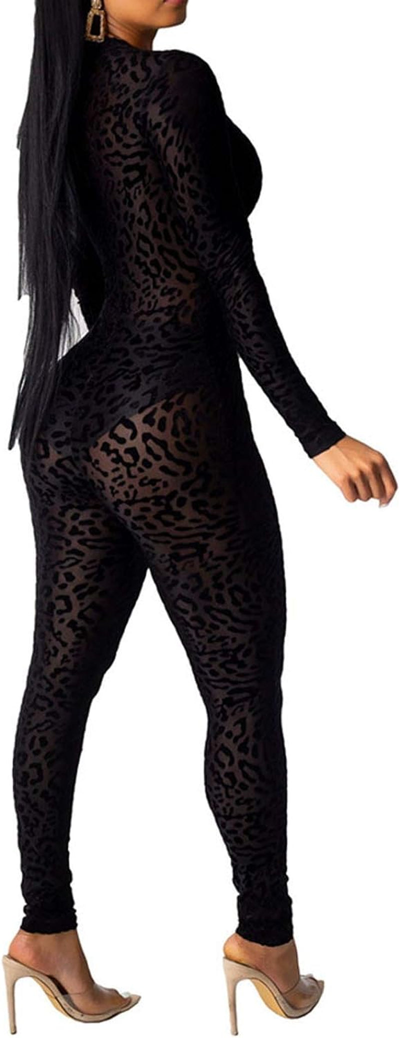 "Women's Sheer Mesh Leopard Clubwear Bodycon Jumpsuit with Deep V Neck"