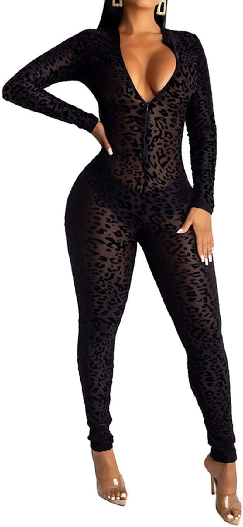 "Women's Sheer Mesh Leopard Clubwear Bodycon Jumpsuit with Deep V Neck"